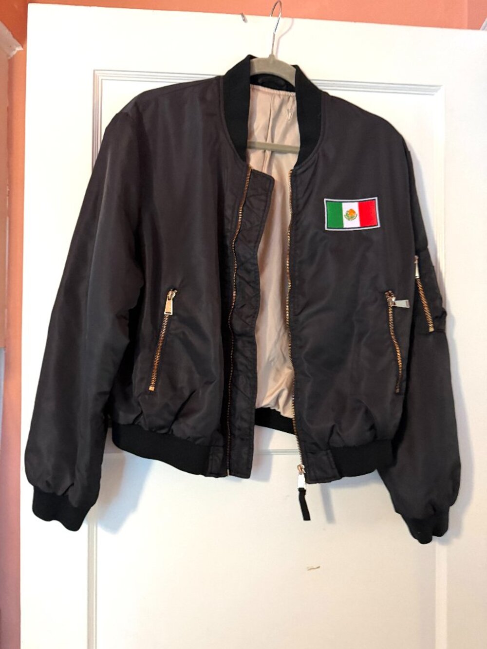 Zara Custom Black Bomber Jacket w/ Mexico Flag Patch M